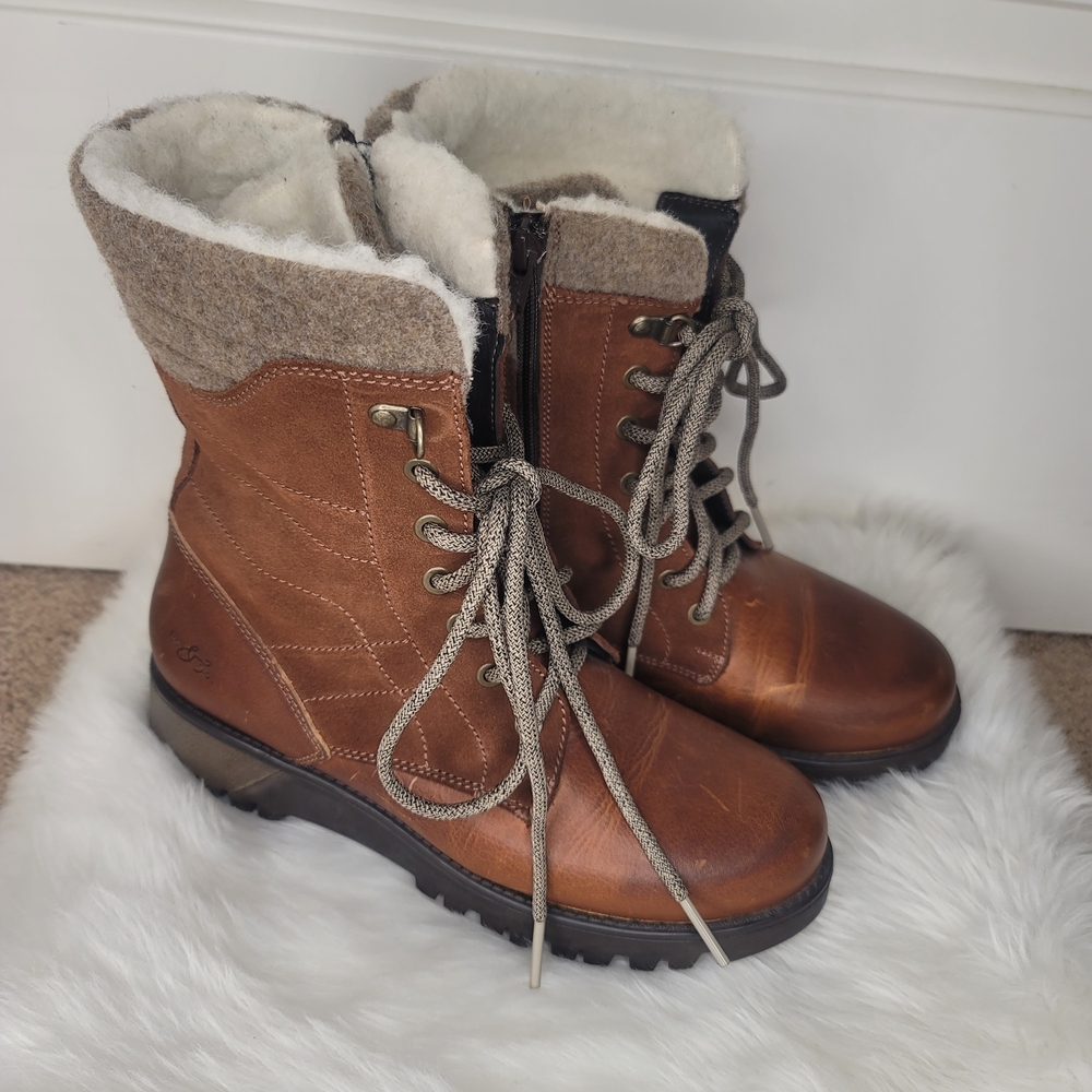 Bos. & Co. Gala Prima Tan Leather Brown Lace-Up Shearling-Trim Waterproof Boots